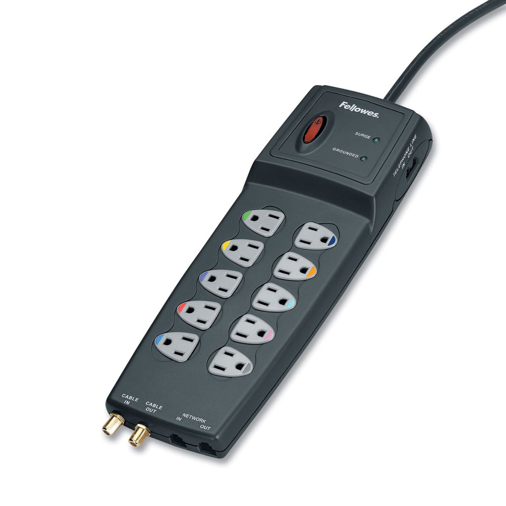 Fellowes Power Guard Surge Protector, 10 AC Outlets, 10 ft Cord, 3,300 J, Graphite Gray