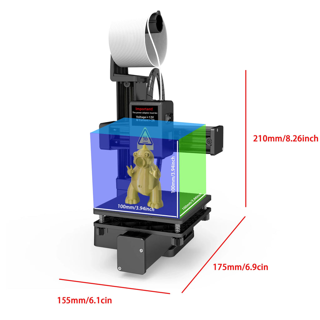 Entry-Level 3D Printer Compatible with PLA & TPU 1.75mm Filament, 100x100x100mm Build, Includes 12V Power Adapter