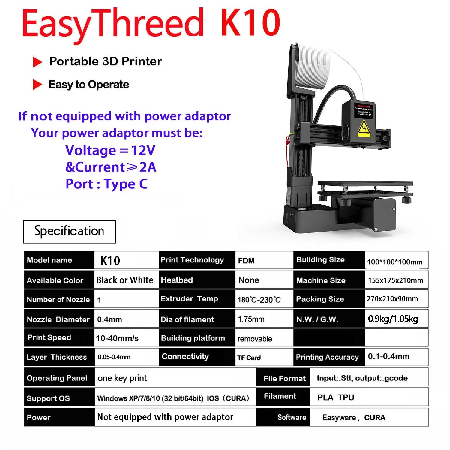 Entry-Level 3D Printer Compatible with PLA & TPU 1.75mm Filament, 100x100x100mm Build, Includes 12V Power Adapter
